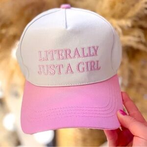 LITERALLY JUST A GIRL TWO TONE CANVAS TRUCKER CAP IIN PINK AND BEIGE NEW